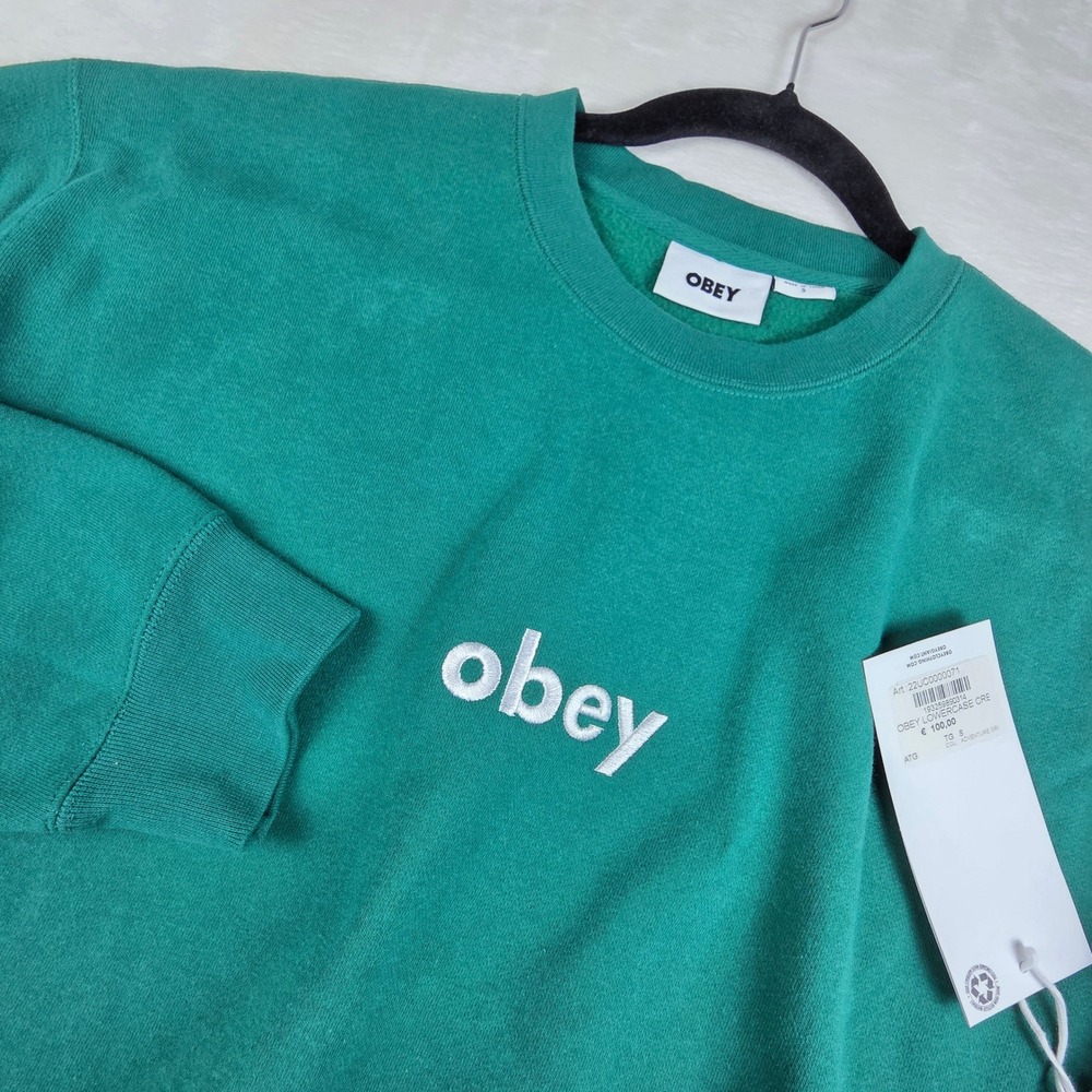 Obey Sweatshirt Mens S Green Lowercase Crew Adventure Green Embroidered Logo NEW